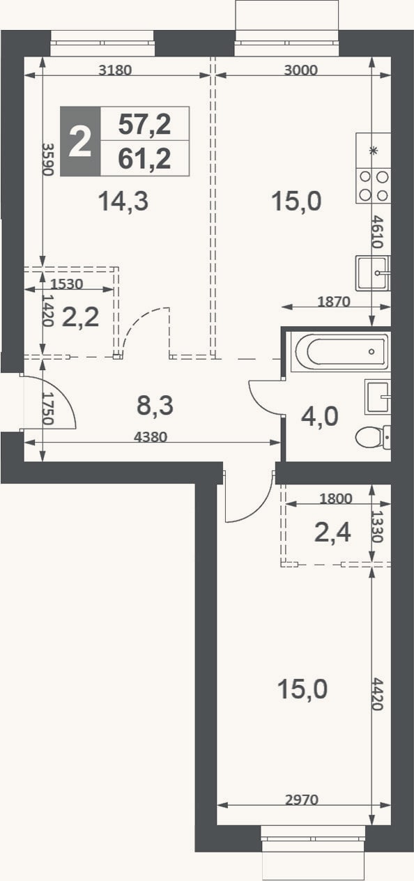 Планировка: 2-к, 61,2 м²