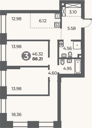 Планировка: 3-к, 88,2 м²