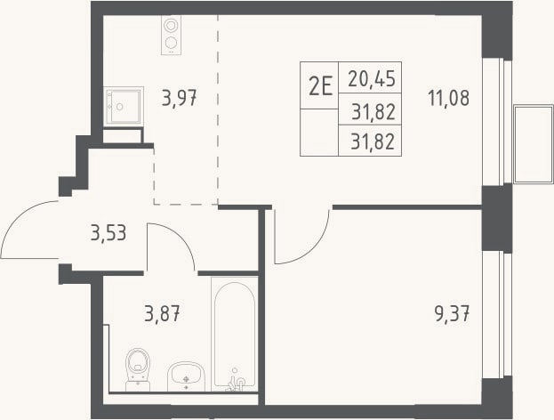 Планировка: 2-к, 31,8 м²