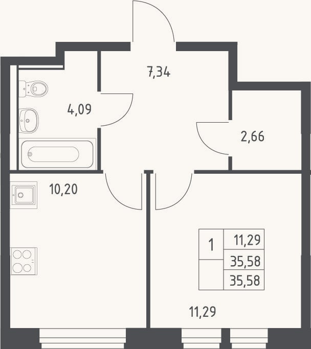 Планировка: 1-к, 35,6 м²