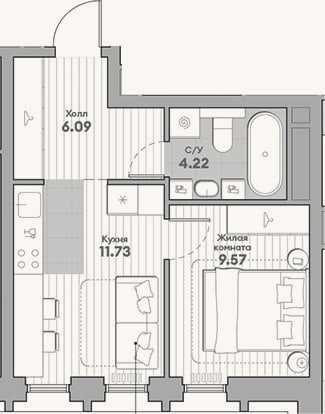 Планировка: 1-к, 31,6 м²