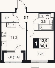 Планировка: 1-к, 34,7 м²