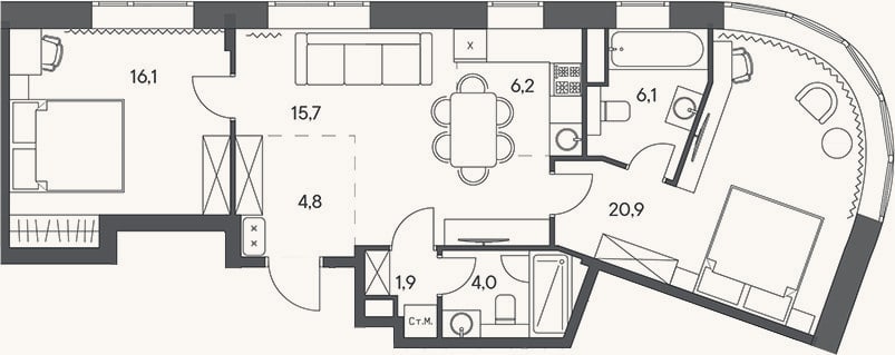 Планировка: 3-к, 75,7 м²