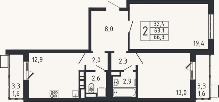 Планировка: 2-к, 63,1 м²