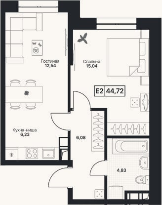 Планировка: 2-к, 44,7 м²