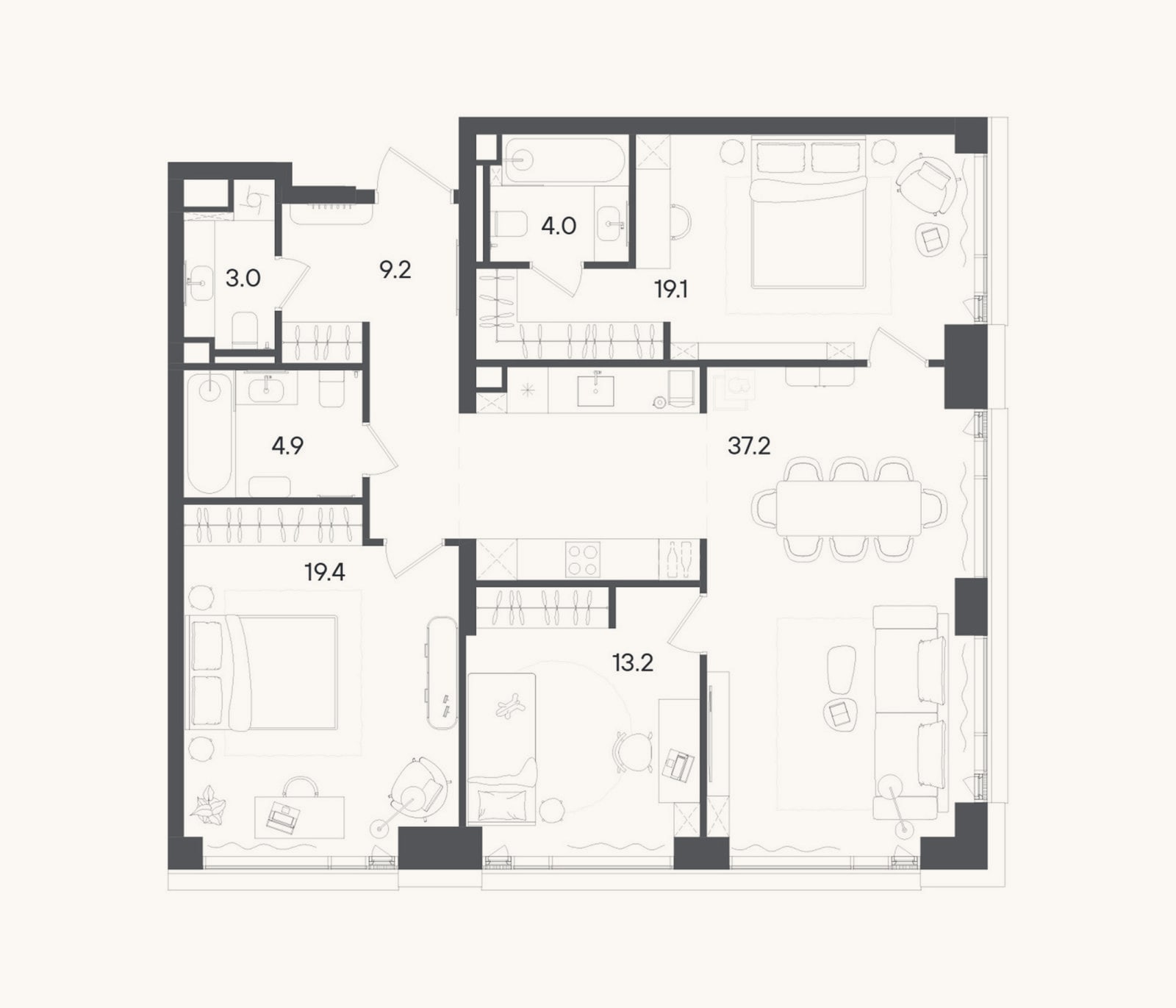 Планировка: 4+ к, 110 м²