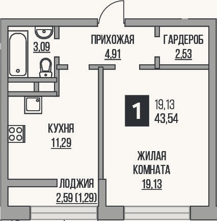 Планировка: 1-к, 41 м²