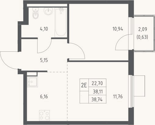 Планировка: 2-к, 38,1 м²