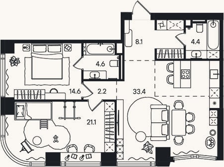 Планировка: 3-к, 88,4 м²