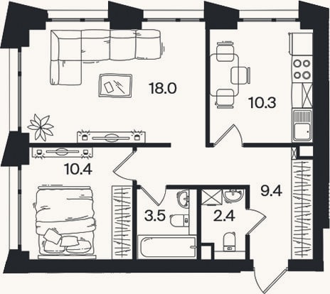 Планировка: 2-к, 54 м²