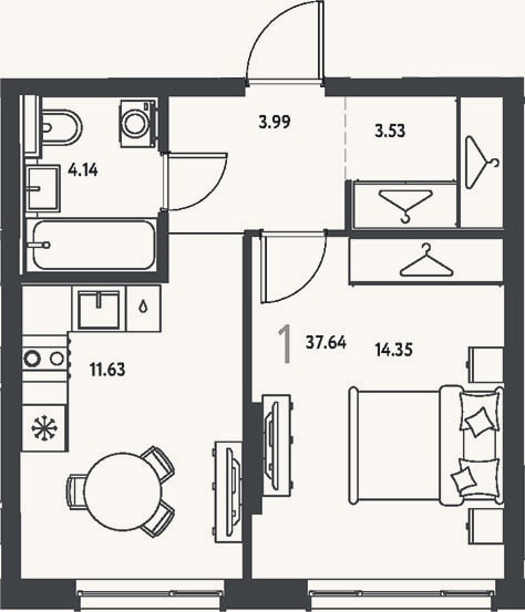 Планировка: 1-к, 37,6 м²