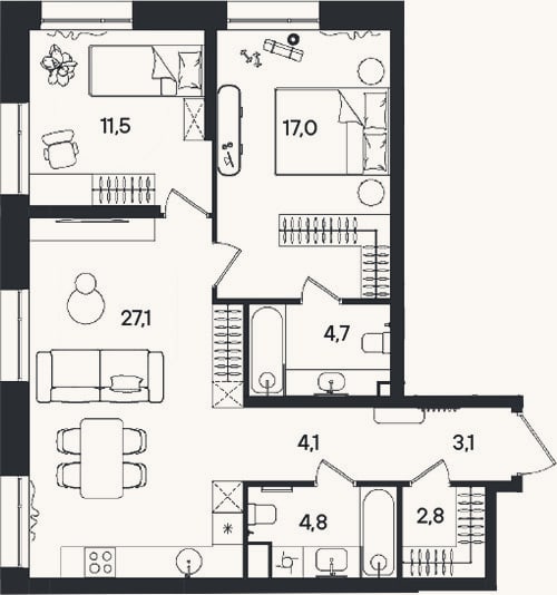 Планировка: 3-к, 75,1 м²