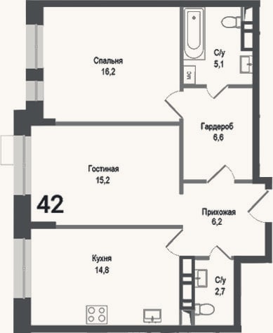 Планировка: 2-к, 66,8 м²