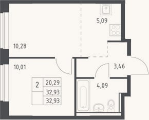 Планировка: 2-к, 32,9 м²