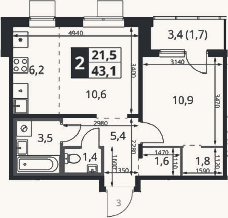 Планировка: 2-к, 42,5 м²