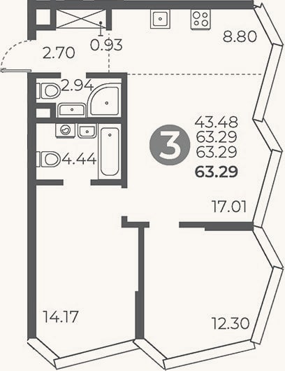 Планировка: 2-к, 63,3 м²