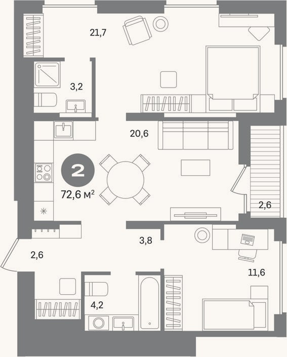 Планировка: 2-к, 64,4 м²