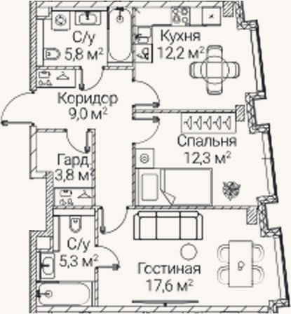 Планировка: 2-к, 66 м²
