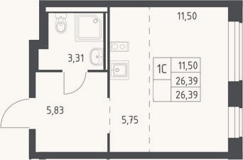 Планировка: Студия, 26,4 м²