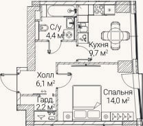 Планировка: 1-к, 36,6 м²