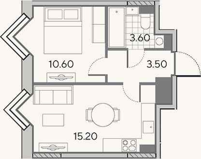 Планировка: 2-к, 32,9 м²