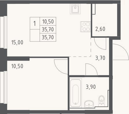 Планировка: 2-к, 35,7 м²