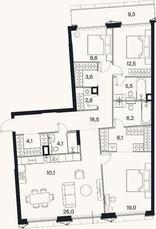 Планировка: 4+ к, 127,9 м²