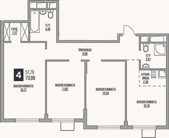 Планировка: 4+ к, 73,9 м²
