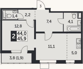 Планировка: 2-к, 44 м²