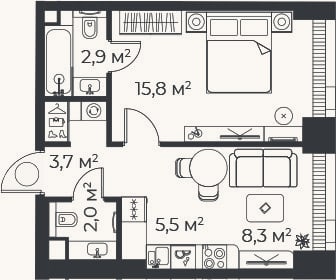 Планировка: 2-к, 37,3 м²