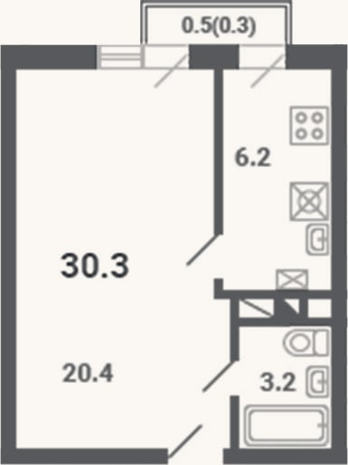 Планировка: 1-к, 29,8 м²