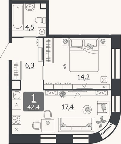 Планировка: 2-к, 42,4 м²