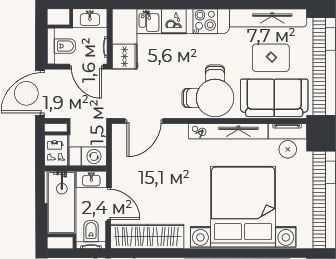 Планировка: 2-к, 35,8 м²