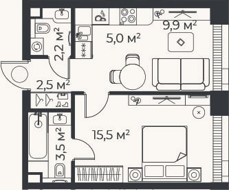 Планировка: 2-к, 38,6 м²