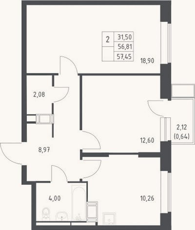 Планировка: 2-к, 56,8 м²