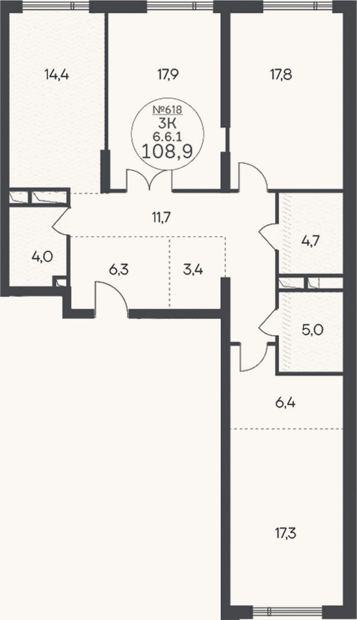 Планировка: 3-к, 108,9 м²