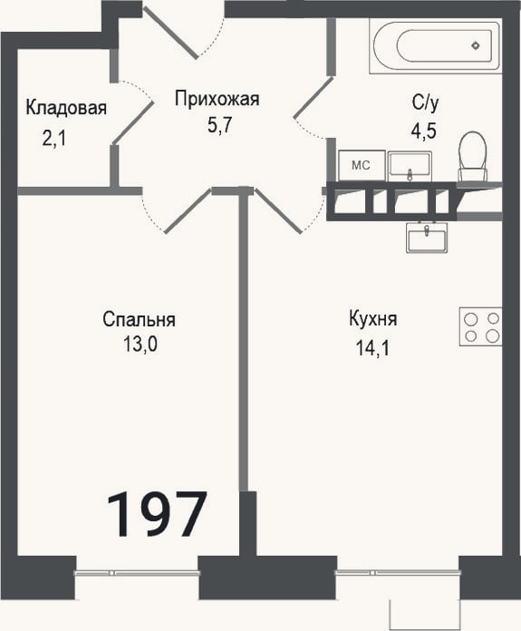 Планировка: 1-к, 39,4 м²