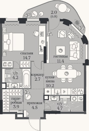 Планировка: 1-к, 56,3 м²