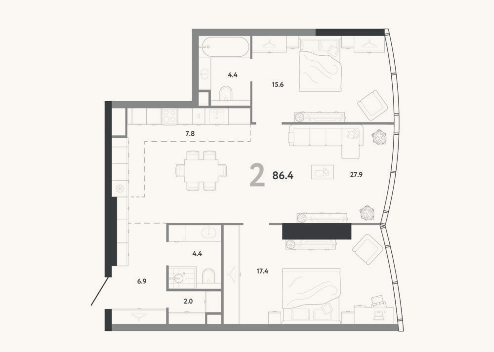 Планировка: 3-к, 86,4 м²