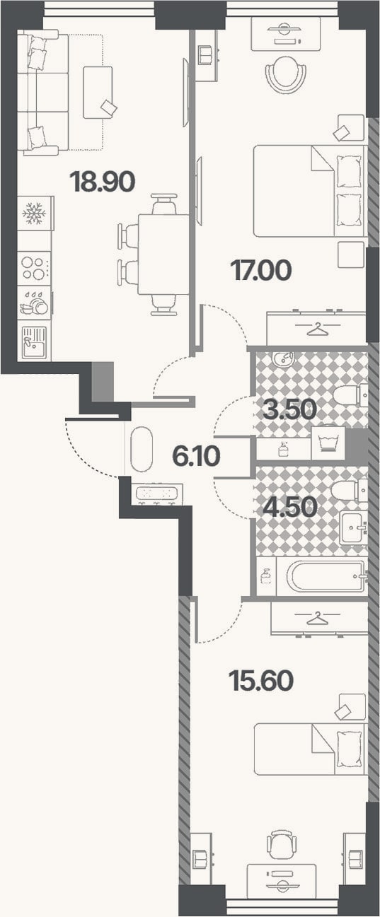 Планировка: 3-к, 65,6 м²