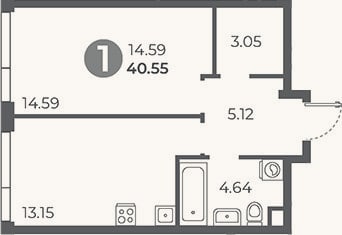 Планировка: 1-к, 40,6 м²