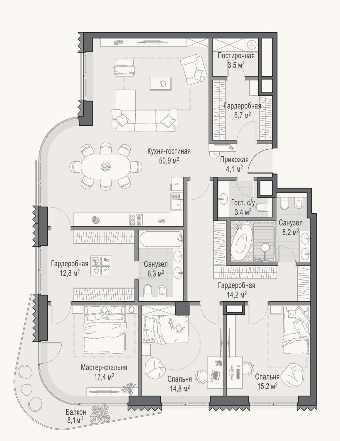 Планировка: 3-к, 157,6 м²