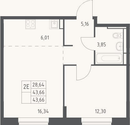Планировка: 2-к, 43,7 м²