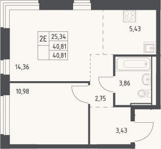 Планировка: 2-к, 40,8 м²