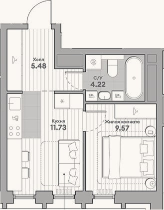 Планировка: 1-к, 31 м²