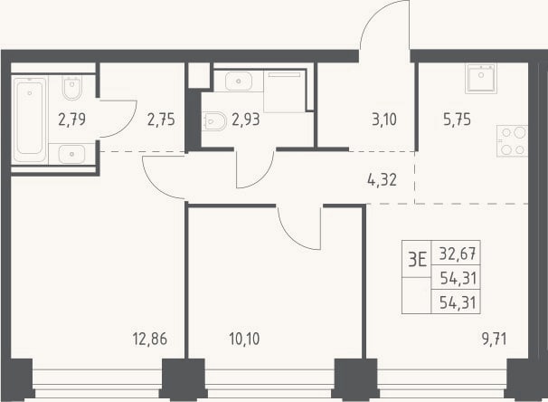 Планировка: 3-к, 54,3 м²