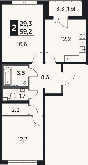 Планировка: 2-к, 58,6 м²