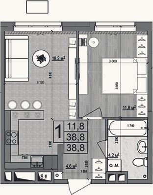 Планировка: 2-к, 38,8 м²