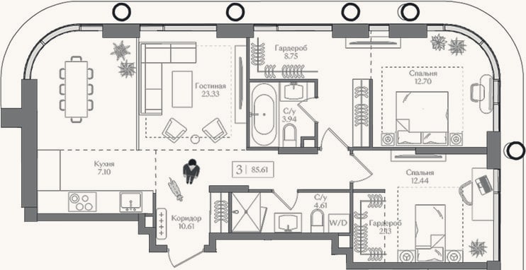 Планировка: 3-к, 85,6 м²