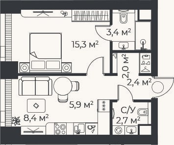 Планировка: 2-к, 40,2 м²